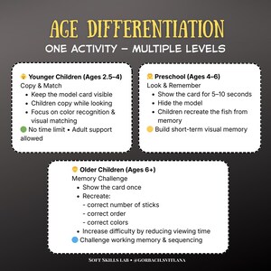 May include: An educational graphic with the title "AGE DIFFERENTIATION" and the subtitle "ONE ACTIVITY - MULTIPLE LEVELS." It outlines activities for younger children, preschoolers, and older children, focusing on memory and visual skills.