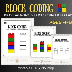 May include: A set of three printable educational activity sheets titled BLOCK CODING, designed for ages 4-8. The pages feature illustrations of colourful plastic building blocks in various patterns, with instructions to look, remember, and build.