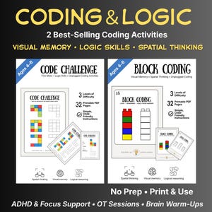 May include: Educational printables for ages 4-8, featuring "Code Challenge" and "Block Coding" activities. These best-selling coding activities focus on visual memory, logic skills, and spatial thinking. Includes 32 printable pages with simple instructions.
