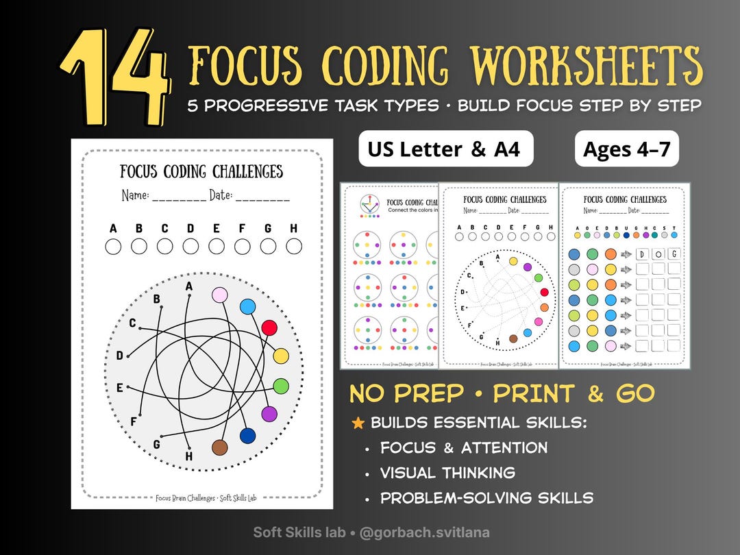Focus Coding Worksheets for Kids | Brain Training Activities (A4 & US ...