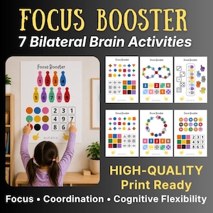 Könnte beinhalten: Ein Set aus Focus Booster 7 Bilateral Brain Activities Druckvorlagen mit bunten Formen, Zahlen, Würfeln und Handgesten. Die Designs umfassen Raster, Unendlichkeitsschleifen und kreisförmige Muster zur Förderung von Fokus, Koordination und Flexibilität.