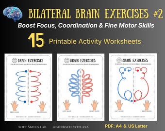 Exercícios de coordenação motora bilateral para ambas as mãos | Folhas de exercícios para coordenação bilateral e motricidade fina | Material imprimível para terapia ocupacional