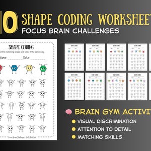 Op de afbeelding: Tien werkbladen voor vormcodering met de tekst "Shape Coding Worksheets Focus Brain Challenges". De werkbladen bevatten vormovereenkomsten met kleurrijke cartoonvormen. De afbeelding bevat ook tekst over hersengymnastiekactiviteiten, visuele discriminatie, aandacht voor detail en bijpassende vaardigheden.