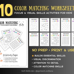 10 Focus & Visual Discrimination Worksheets | Color Matching Brain Activities for Kids | Preschool PDF