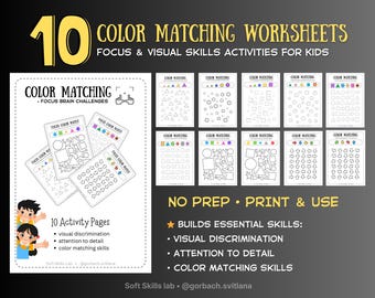 10 Focus & Visual Discrimination Worksheets | Color Matching Brain Activities for Kids | Preschool PDF