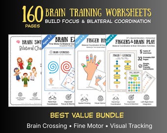 Bilateral Coordination Worksheets Printable | 160 Fine Motor & Focus Activities for Kids | Brain Training Bundle