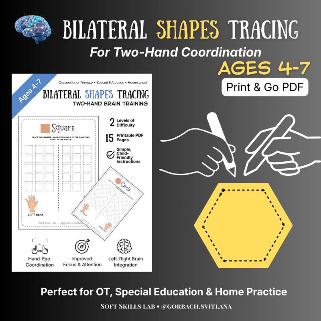 Bilateral Coordination Worksheets for Kids | Two-handed Tracing Shapes ...