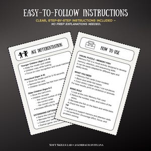 May include: Two white instruction sheets with black text. The top sheet is titled "EASY-TO-FOLLOW INSTRUCTIONS" and the bottom sheet is titled "AGE DIFFERENTIATION". The right sheet is titled "HOW TO USE". The instructions are for a memory game.