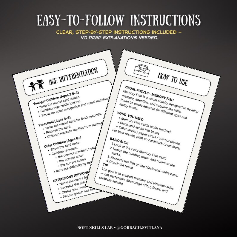 May include: Two white instruction sheets with black text. The top sheet is titled "EASY-TO-FOLLOW INSTRUCTIONS" and the bottom sheet is titled "AGE DIFFERENTIATION". The right sheet is titled "HOW TO USE". The instructions are for a memory game.