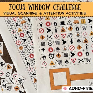 Pode incluir: Uma folha de atividades Focus Window Challenge com tarefas de escaneamento visual e atenção, apresentando vários ícones pretos, vermelhos e laranjas. O conjunto inclui uma grade de símbolos, quadrados recortados com ícones correspondentes e uma ferramenta de janela de foco laranja.