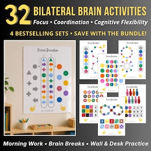 Può includere: Un set di 32 fogli di attività cerebrali bilaterali intitolati Focus Booster. Le pagine presentano forme geometriche colorate, numeri e motivi progettati per la coordinazione e la flessibilità cognitiva, per esercizi a parete e da scrivania.