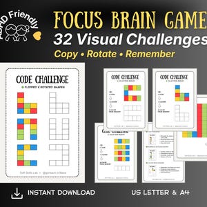 Puede incluir: Un juego mental Focus Brain Game con 32 desafíos visuales y el texto Copy, Rotate, Remember. Las páginas incluyen ejercicios de Code Challenge con patrones de bloques coloridos e instrucciones para observar, cubrir y colorear de memoria.