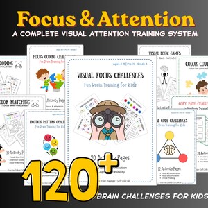 May include: A collection of educational activity sheets titled Focus & Attention, a complete visual attention training system. The set includes various challenge pages like Shape Coding, Color Matching, and Visual Focus Challenges for kids.