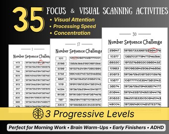 Visual Attention Worksheets | Number Sequence Activities | ADHD Focus Printable | OT Brain Warm-Ups