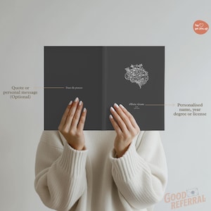 Może przedstawiać: Ciemnoszary notatnik z napisem "Trust the process" i ilustracją m&oacute;zgu. Notatnik jest trzymany przed twarzą osoby. Notatnik zawiera r&oacute;wnież imię "Olivia Grant" i stopień naukowy.