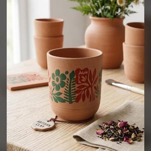 May include: A terracotta cup featuring a green and red floral and leaf pattern around the center. A small, light-colored clay tag attached by a brown cord hangs from the base, clearly displaying the embossed text ARTISAN CLAY in black lettering.