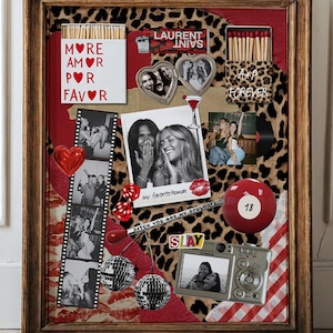 Peut inclure: Un collage encadré avec un cadre en bois, comprenant des photos, des boîtes d'allumettes et des éléments décoratifs. Le fond présente un imprimé léopard et des accents rouges. Comprend le texte "MORE AMOR POR FAVOR" et "A+A FOREVER".