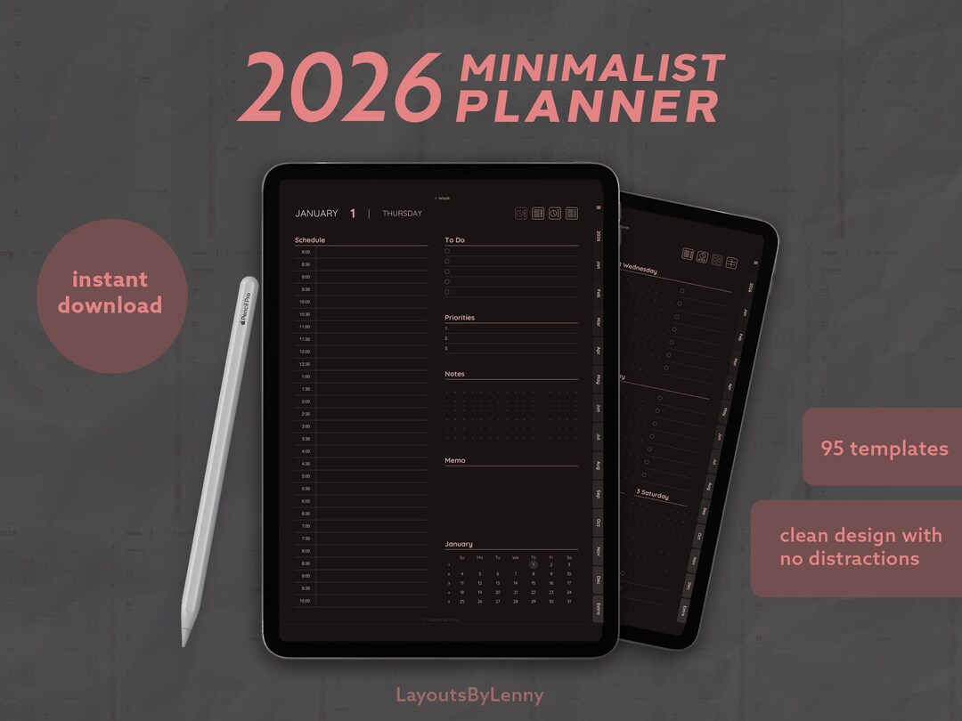 Digital Planner for iPad 2026, Dark Rose, Hyperlinked PDF, Goodnotes ...