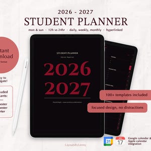 May include: A digital student planner for 2026-2027 displayed on two tablets with a white stylus. The black interface features red text, including the years 2026 and 2027, with options for daily, weekly, and monthly views, plus hyperlinked navigation.