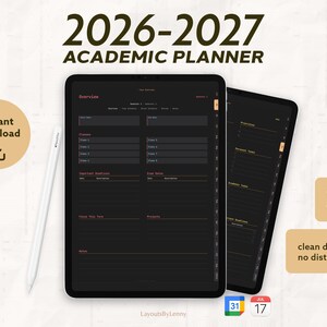 Digital Student Planner for iPad 2026 2027, Dark Terminal, Hyperlinked PDF, GoodNotes Semester Planner