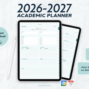 Digitale Studentenplanner iPad 2026 2027, Turquoise, Hyperlinked PDF, GoodNotes Semesterplanner