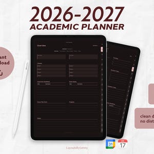 Digitale Studentenplanner iPad 2026 2027, Dark Rose, Hyperlinked PDF, GoodNotes Semester Planner