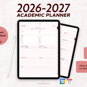 Digitale Studentenplanner iPad 2026 2027, Scarlet, Hyperlinked PDF, GoodNotes Semesterplanner