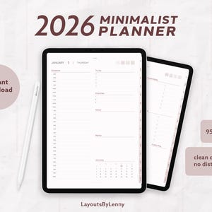 Op de afbeelding: Een digitale planner voor 2026 met een minimalistisch ontwerp. De afbeelding toont twee tablets met een zwarte rand, waarvan één een schema en takenlijst weergeeft. Een witte stylus en de tekst "instant download" zijn ook zichtbaar. De planner heeft 95 sjablonen.