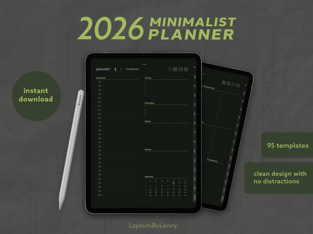 Digital Planner 2026 for iPad | Minimalist Dark Mode Olive Theme ...