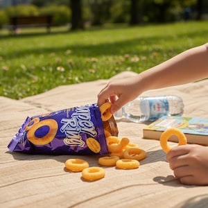 Może przedstawiać: Scena piknikowa z torebką przekąsek Super Ring, butelką wody i książką. Fioletowa torebka z przekąskami w kształcie pierścieni jest otwarta, a niektóre przekąski się z niej wysypują. Ręka sięga do torebki i trzyma przekąskę.