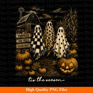 Halloween PNG showcasing ghost trio, pumpkin patch, and vintage autumn vibes only