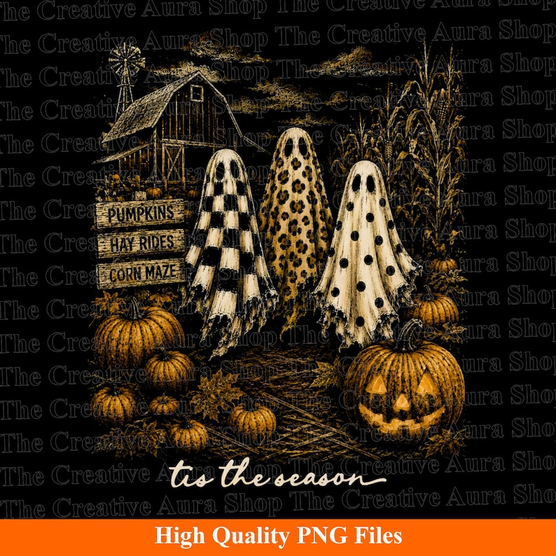Halloween PNG showcasing ghost trio, pumpkin patch, and vintage autumn vibes only