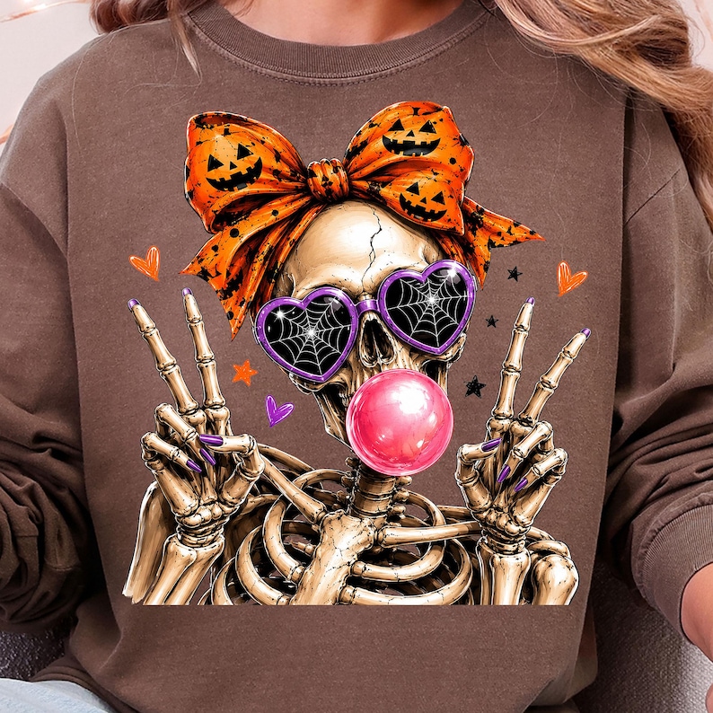 spooky skeleton woman wearing jack o lantern bow and web sunglasses