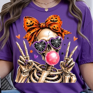 halloween skeleton girl bubble gum png with purple spider web glasses