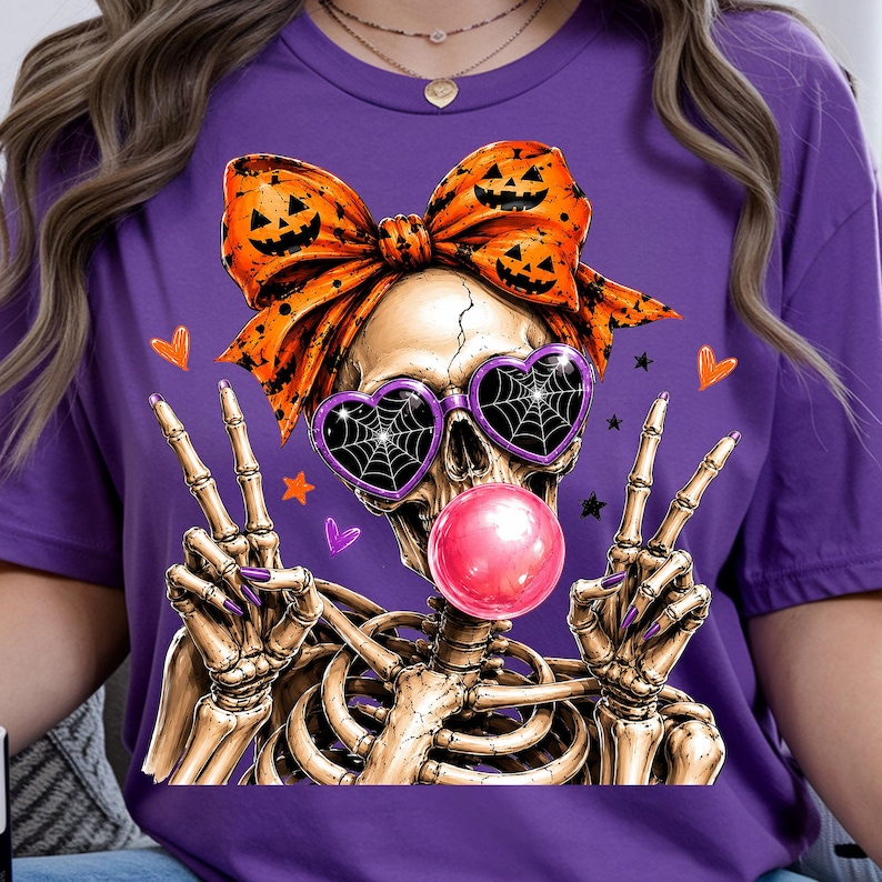 halloween skeleton girl bubble gum png with purple spider web glasses