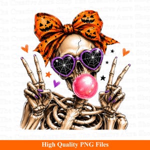 halloween skeleton bow png with pumpkin print, spider web glasses, and bubble gum