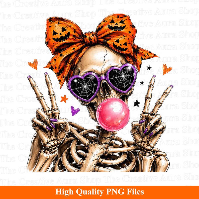 halloween skeleton bow png with pumpkin print, spider web glasses, and bubble gum