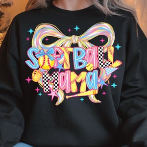 Softball Mama PNG, Preppy Brushstroke Glitter Colorful Pastel Bow (Digital Download)
