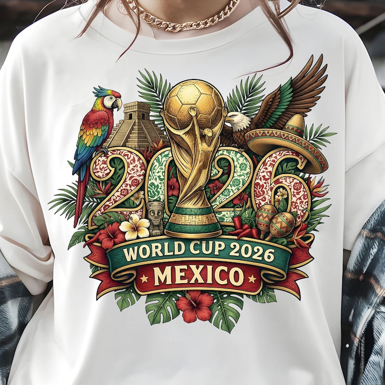 World Cup 2026 Mexico PNG with soccer trophy and tropical flowers