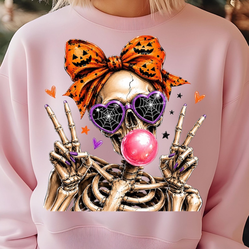 witchy skeleton girl bubble gum png for halloween shirts and crafts