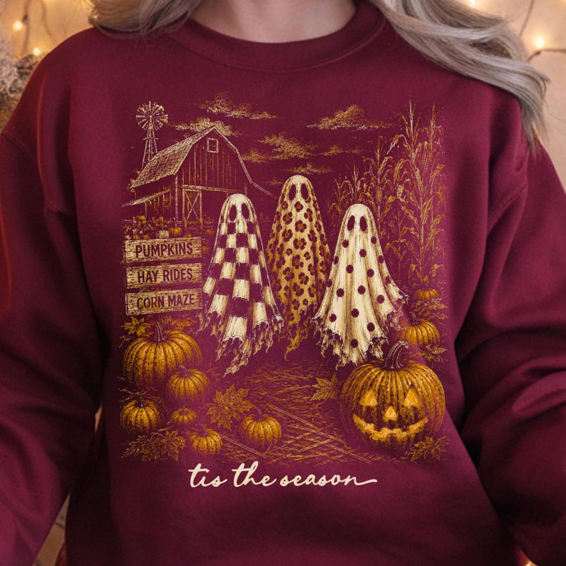 Farmhouse Halloween ghost PNG with pumpkins, corn stalks, rustic barn, and autumn harvest decor