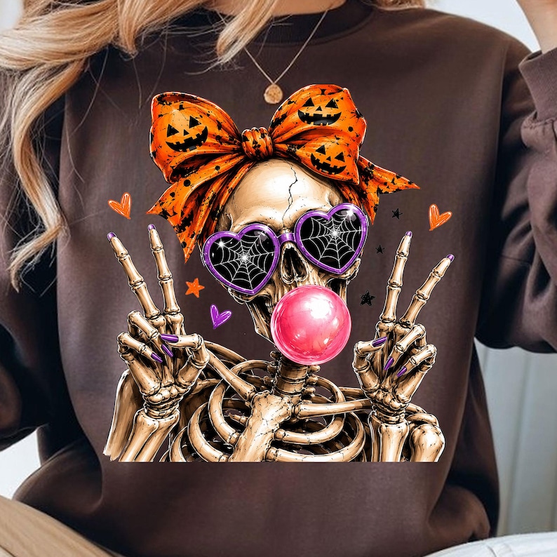 halloween skull girl with pumpkin bow and colorful spooky accents