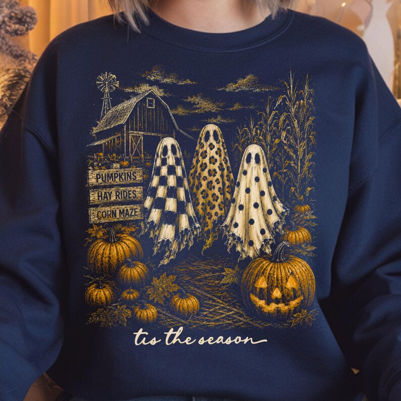 Rustic pumpkin patch Halloween artwork with ghosts, hay rides, corn maze, and farmhouse background