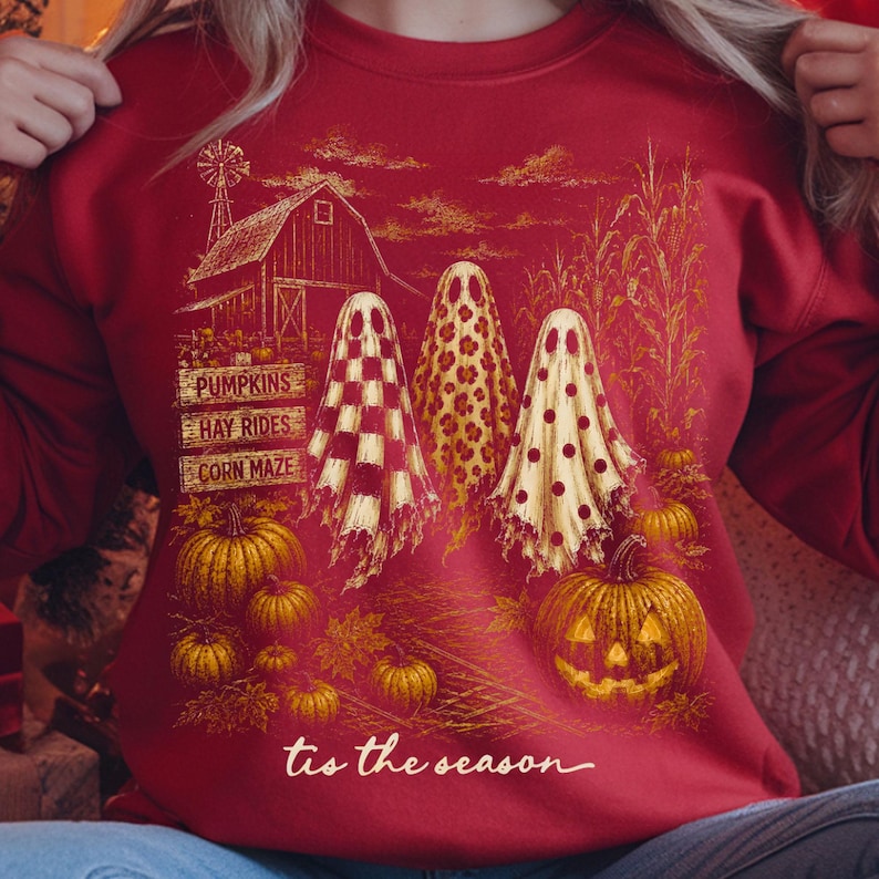 Spooky season ghost PNG design with pumpkins, rustic barn, and cozy fall festival aesthetic