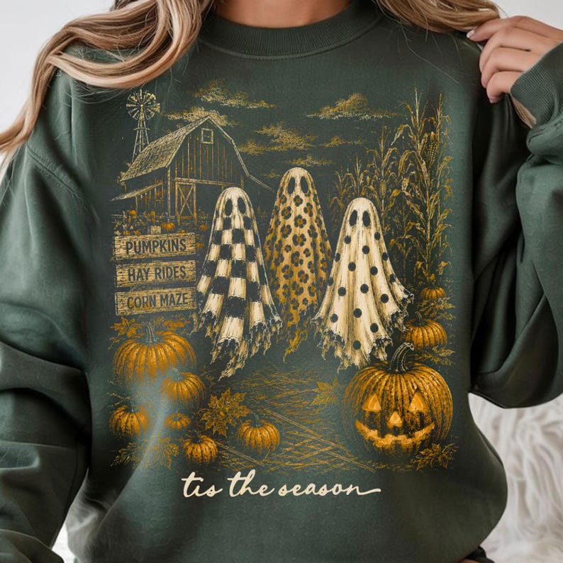 Trendy retro Halloween sublimation PNG with boho ghosts and fall pumpkin harvest scene