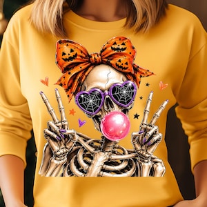 gothic skeleton girl halloween png with orange jack o lantern bow