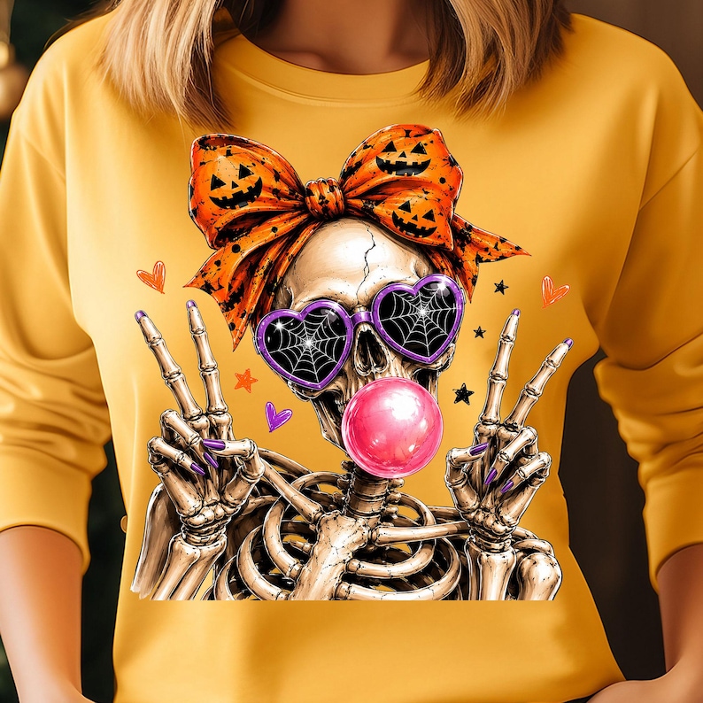 gothic skeleton girl halloween png with orange jack o lantern bow