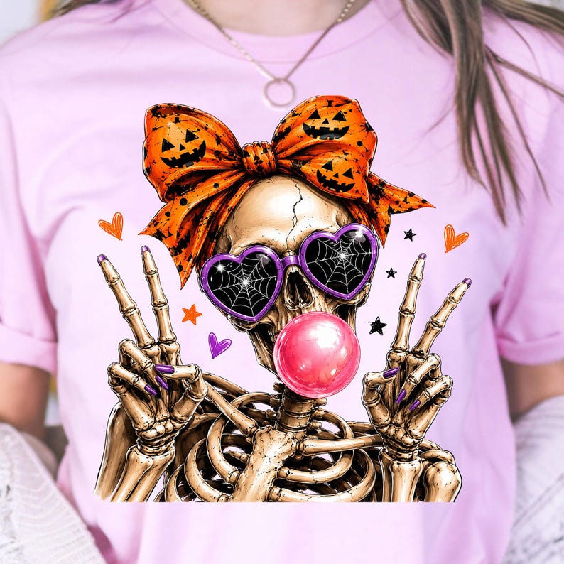 spooky skull girl wearing pumpkin halloween bow png