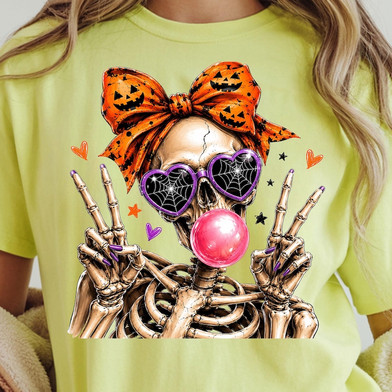 halloween skeleton with bubble gum and heart shaped spider web sunglasses