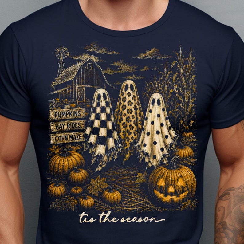 Tis The Season Halloween sublimation design with spooky ghosts and pumpkin patch artwork